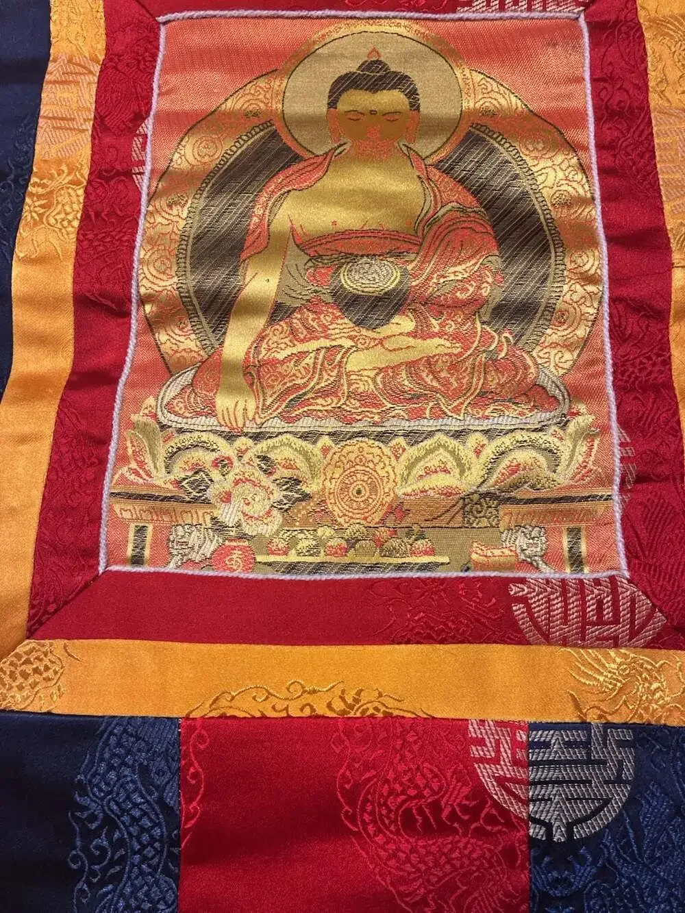 Tibetan Shakyamuni Buddha Silk Brocade Thangka Wall Hanging